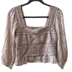 American Eagle Womens Crochet Smocked Blouse Size small Cream Peplum Square-neck